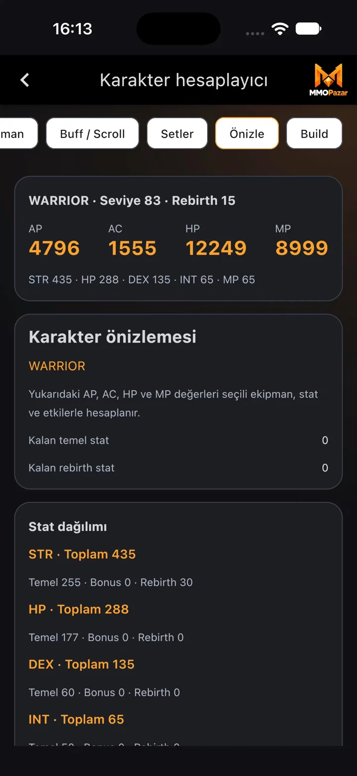 Karakter hesaplayıcı önizlemesi